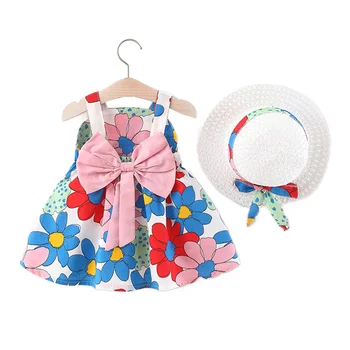 2022 Poletje Newborn Baby Oblačila za Malčke Dekliška Kostum Otroci Tiskanja brez Rokavov Cvetlični Plaža Obleko + Sunhat 2Pcs Vestido Infantil