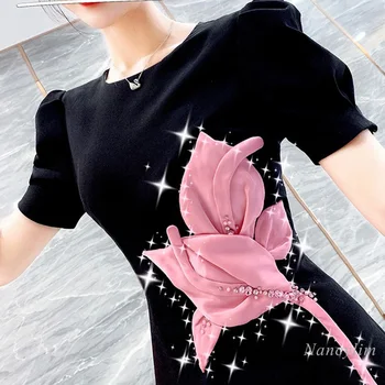 2022 Poletje Črno Obleko za Ženske Nova Zasnova Slim-Fit Diamond-Vgrajeni Cvet Sredi Dolžine Kratko Sapo Rokav Obleke Ženske