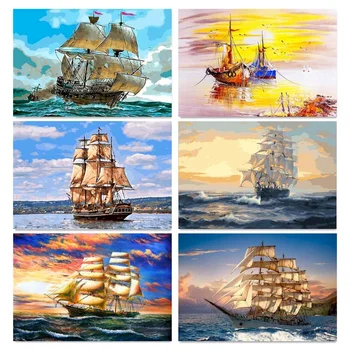 60x75cm Okvir Slike S Številko Ladje, Jadranje Barve Z Številkami Akrilne Barve Na Platnu Seascape Doma Decors Za Diy Darilo