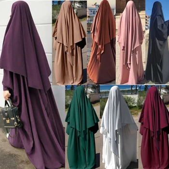abaya 2 delni set Ramadana Ženske Hooded Muslimansko Obleko, Hidžab Eid Molitev Oblačilo Jilbab Dolgo Khimar Polno Kritje Ramadana Abayas črna