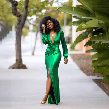 Afriške Ženske Maxi Zeleno Obleko z Dolgimi Rokavi Seksi Split Obleke Za Zvečer Afriška Oblačila Gospa Pomlad 2022 Dashiki Ankara Robe