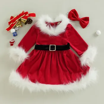 Božič Baby Girl Obleke Party Obleke z Dolgimi Rokavi O Vratu Plišastih Mozaik A-line Obleka s Pasom in Glavo Otroška Oblačila