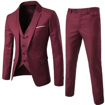 Burgundija Mens Obleke Nevesta Nositi Tuxedos 3 Kos Poročne Obleke Groomsmen Najboljši Človek Formalna Poslovna Obleka Za Moške (Suknjič+Hlače +telovnik)