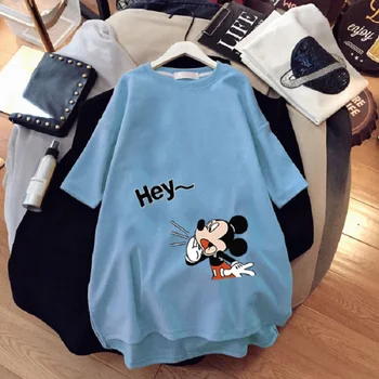 Disney Mickey Mouse T-shirt Dekle Trend Mid-Dolžina Svoboden Priložnostne Kratka Sleeved Risanka Mickey mouse Natisniti T-shirt Krog Vratu Vrh