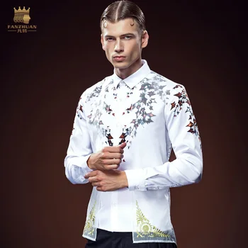 FanZhuan brezplačna dostava novih moških moški modni priložnostne Jeseni osebnost false dve belo srajco z dolgimi rokavi tiskanje 612144