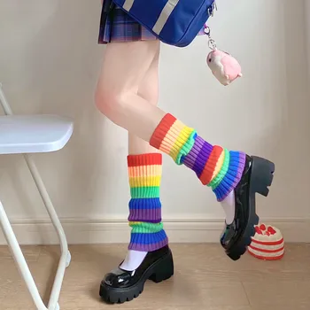 Harajuku Colorblock Pletene Kup Nogavice Lolita Kawaii Leg Ogrevalnike Lolita JK Prugasta Tele Tople Nogavice Boot Kritje Leg Ogrevalnike
