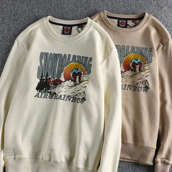 Jeseni Novi Ameriški Retro Dolg Rokav Prostem Natisnjeni Sweatshirts Moda za Moške 85% Bombaž Oprati Stari Pulover Priložnostne Sportwear