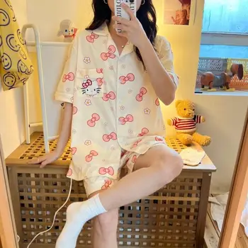 Kawaii Pižamo Ženske Risanka Sanrio Hello Kitty Pižamo Nastaviti Poletni Prosti Čas Tanke Kratek Rokav Anime Kitty Loungewear 2 Delni Set