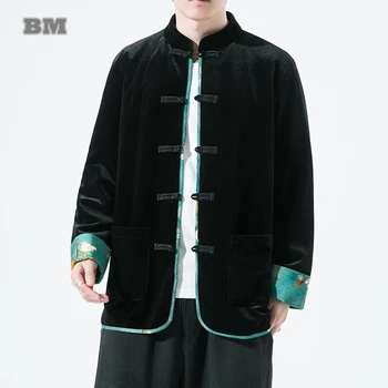 Kitajska Tradicionalna Obleka Ohlapno Plus Velikost Velvet Jakna Moški Oblačila Črne Tang Bo Ustrezala Tai Chi Kung Fu Coats Etnične Slog Vrhovi