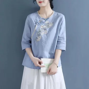 Kitajski Retro Slogu Vrh Vezene Bombaž Perilo za Ženske Ohlapno Majico Pomlad Poletje Tradicijo Bluzo Roza Rumena Bela Svetlo Modra
