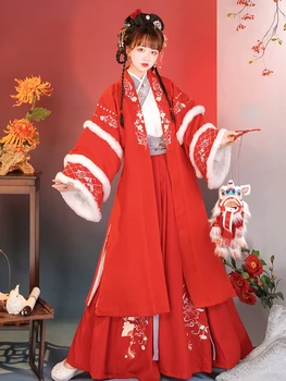 Kitajski Slog Pozimi Hanfu Pesem-made Ženske Zimske Debele Volnene Vezenje Plašč Tri-kos Ravne Ovratnik Obleke