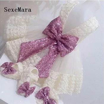 Lepe Bele/slonokoščena 3D Cvetje Baby Dekleta 1 Leto, Rojstni dan Obleke Roža Punca Obleke Oblačila z Sequined Lok