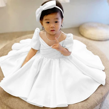 Malčka Krst Baby Girl Oblačenja Kratkimi Rokavi Belo Obleko za Krst Otroka Najprej 1 Leto, Rojstni dan, Poroko Dekliška Oblačila