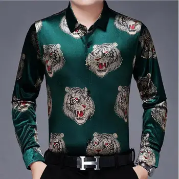 Maščobe Tiger Zeleno Žametno Srajce Luksuzni Moških Oblačil Nenavadno Obleko Za Stout Rdeče Flanela Srajce Burgundija Velur Obleko Oversize Retro