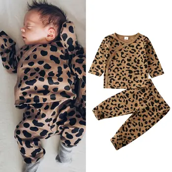 Moda Baby Dekleta Leopard Tiskanih Obleke, Casual Malčke Baby Girl Boy Gumb Vrhovi Dolge Hlače Sleepwear Obleke Novo Rojen Oblačila