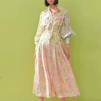 Moda Vzletno-Pristajalne Steze 2022 Pomlad Obleko Ženske Novo Obliko Rože Natisnjeni Dolg Rokav Beloprsi Singl Priložnostne Pasu Obleke