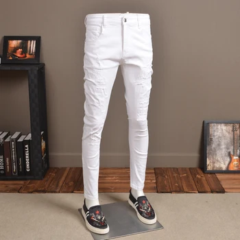Moda za Moške Skinny Jeans Ulične Elastična Bela Stiski Hlače za Kavboji