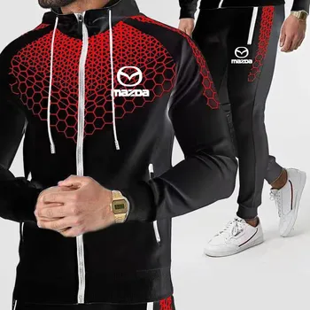 Nove poslovne priložnostne trendy moške zadrgo majica + hlače 2-delni set Mazda logotip tiskanja Gradient kontrast Hooded jacket obleko