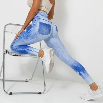 Nove Ženske Denim Blue Stretch Joga Hlače Visoko Pasu, Slim Fit Quick Dry Šport Teče Tesen Fitnes Traper Hlače Priložnostno Dokolenke