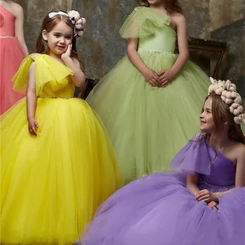 Novo Bleščečo Krila Eno Ramo Roža Punca Obleke Otroci Princesa Rojstni Oblek