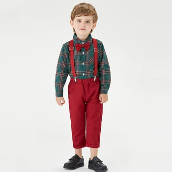 Otroci Fant Božič Obleko Baby Božič Formalnih Obleke Komplet za Malčke Gospoda, Obleko Malčka Kariran T-Shirt+Suspender Sopihanje za 1-5 Y