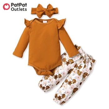 PatPat 3pcs 95% Bombaž Pomlad Newborn Baby Girl Obleke Ruffle Dolgi rokav Romper in Cvjetnim Tiskanja Hlače z Glavo Set