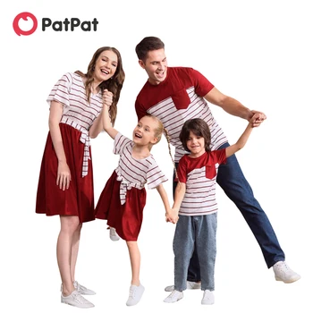 PatPat Rdeče in Belo Črtasto Kratek rokav Družino Ujemanja Nizov(Obavijen Preplete Obleke in majice)