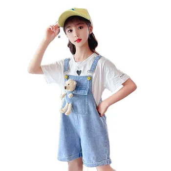 Poletje Kavboj Dekleta Suspender Hlače Postavlja Nove korejska Različica Modni T-Shirt Dva Kosa Priložnostne Osvežujoč otroška Oblačila