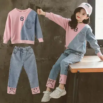 Pozimi Dekleta Kompleti Oblačil Denim Otroci Trenirko Long Sleeve Jopica Jeans Hlače Šport Obleke za Dekle, Otroška Oblačila