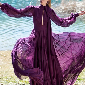 S-XXL Visoke Kakovosti 2022 Nov Modni Čiste Barve Pritisnete Votlih Trak Lok Luč Dolg Rokav Preplete Dolgo Ženska Obleka