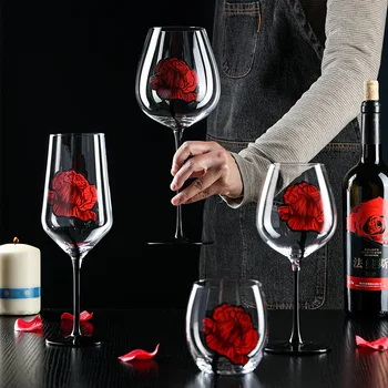 Ustvarjalne Rdeče Vino, Steklo, Ročno Poslikano Rose, Natisnjene Kozarec Šampanjca Kozarec Vode Pokal Kuhinja Drinkware Posoda Cocktail Steklo