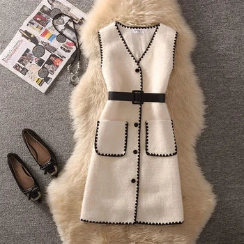Vintage Dolge Pletene Telovnik, Suknjič Ženske 2021 Padec Moda Korejski Slim Beloprsi Singl Waistcoat Elegantno Brez Rokavov Jopico Coats