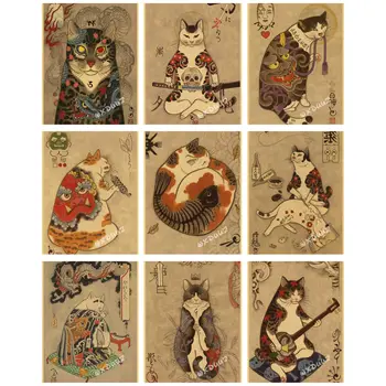 Visoko kakovostna Japonska dekorativne okrasne natisne tatoo mačka družino steno retro slogu art deco slikarstvo bar cafe umetnosti o204