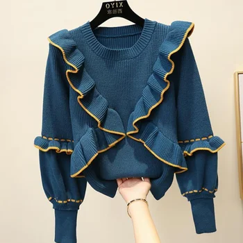 Vrhovi Jeseni, pozimi žensk vrh korejski slog ruffle šivanje puloverju pulover novo luč rokav pletene dno