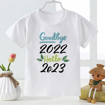 Zbogom 2022 Pozdravljeni 2023 Tiskanja Estetske Ljubka Dekliška Oblačila Moda Lepa Otroci majice Prevelik Srečno Novo Leto Otroška Oblačila