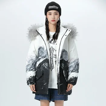 Zima Bela Raca Navzdol Jakna Ženske Korejski Moda Nekaj Oblačil Dolgo Zgosti Natisnjeni Imitacije Velike Krzno Hooded Svoboden Plašč 0