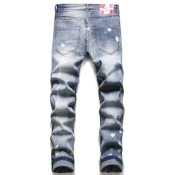 Nova Evropska Ameriški Slim Stretch Jeans Modra Pismo Natisnjeno Mid-Pas Hlač 2022 Pomlad Jesen Fashion Ulica Hlače 1