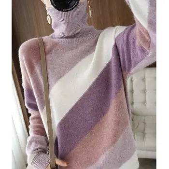 Pleteni pulover ženske 2022 jeseni in pozimi kup turtleneck kontrastu pulover ženske slim long sleeve jopica puloverju 1