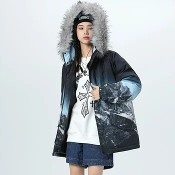 Zima Bela Raca Navzdol Jakna Ženske Korejski Moda Nekaj Oblačil Dolgo Zgosti Natisnjeni Imitacije Velike Krzno Hooded Svoboden Plašč 1