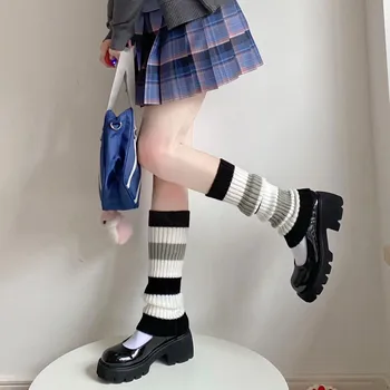Harajuku Colorblock Pletene Kup Nogavice Lolita Kawaii Leg Ogrevalnike Lolita JK Prugasta Tele Tople Nogavice Boot Kritje Leg Ogrevalnike 2