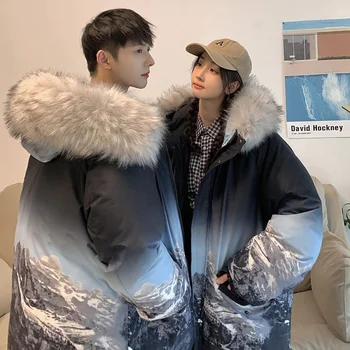Zima Bela Raca Navzdol Jakna Ženske Korejski Moda Nekaj Oblačil Dolgo Zgosti Natisnjeni Imitacije Velike Krzno Hooded Svoboden Plašč 2