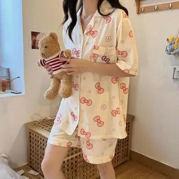 Kawaii Pižamo Ženske Risanka Sanrio Hello Kitty Pižamo Nastaviti Poletni Prosti Čas Tanke Kratek Rokav Anime Kitty Loungewear 2 Delni Set 3