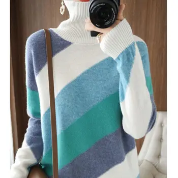Pleteni pulover ženske 2022 jeseni in pozimi kup turtleneck kontrastu pulover ženske slim long sleeve jopica puloverju 3