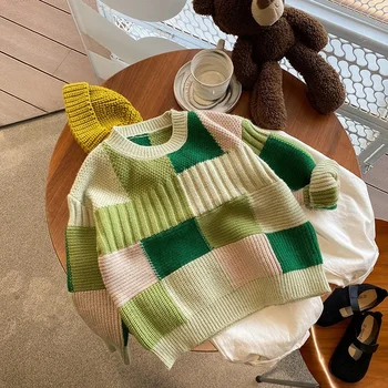Jeseni, Pozimi Fantje in Dekleta mozaik kontrast barve kariran puloverji Otrok tople pletenine puloverji 4