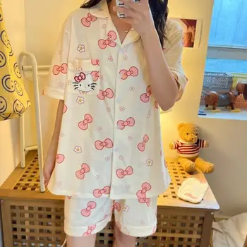 Kawaii Pižamo Ženske Risanka Sanrio Hello Kitty Pižamo Nastaviti Poletni Prosti Čas Tanke Kratek Rokav Anime Kitty Loungewear 2 Delni Set 4