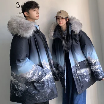Zima Bela Raca Navzdol Jakna Ženske Korejski Moda Nekaj Oblačil Dolgo Zgosti Natisnjeni Imitacije Velike Krzno Hooded Svoboden Plašč 4