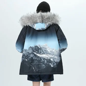 Zima Bela Raca Navzdol Jakna Ženske Korejski Moda Nekaj Oblačil Dolgo Zgosti Natisnjeni Imitacije Velike Krzno Hooded Svoboden Plašč 5